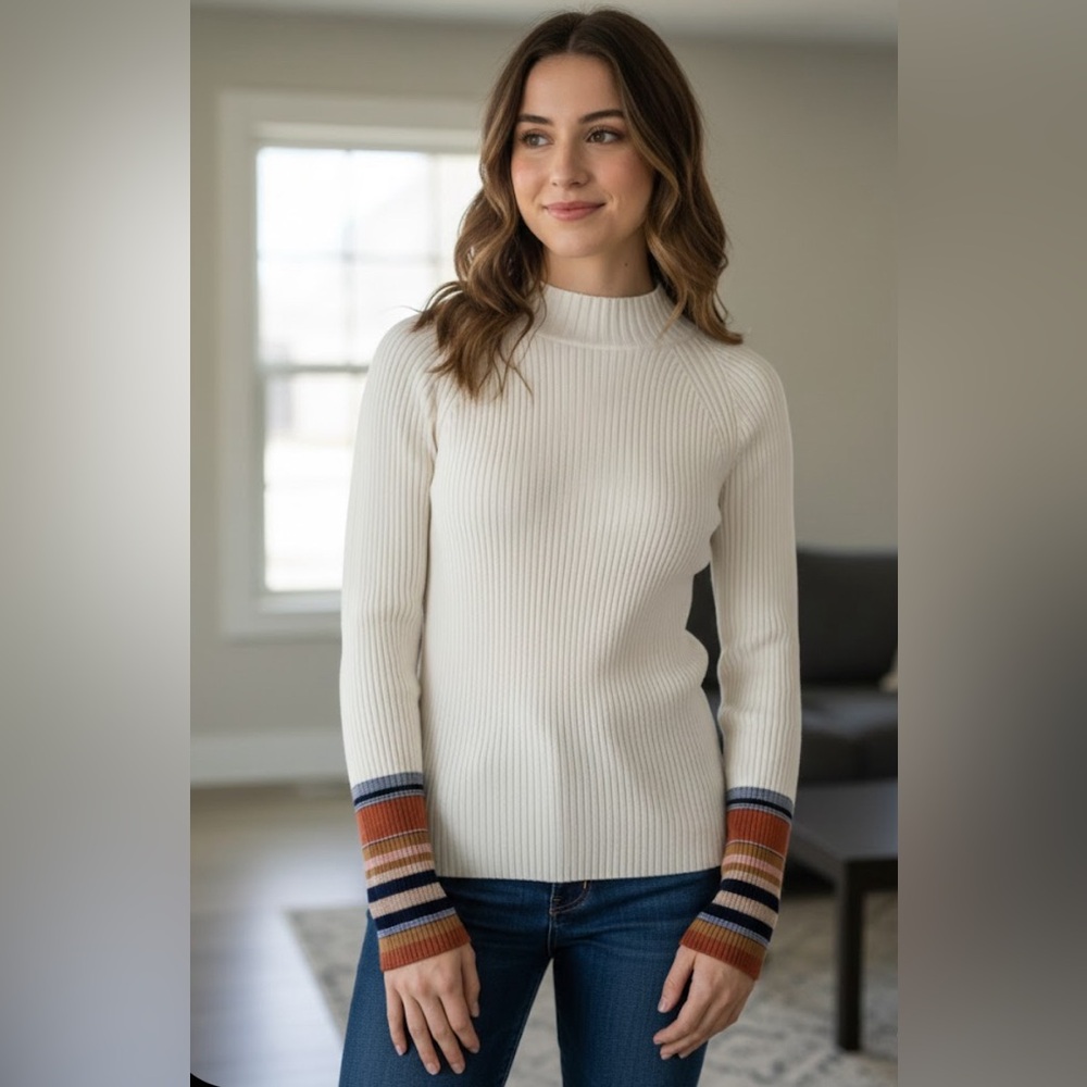 Women's White Ribbed Sweater with Striped Sleeves